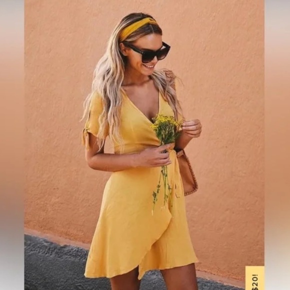 LULUS | My Philosophy Golden Yellow Wrap Mini Dress Size XS Small - Picture 1 of 16